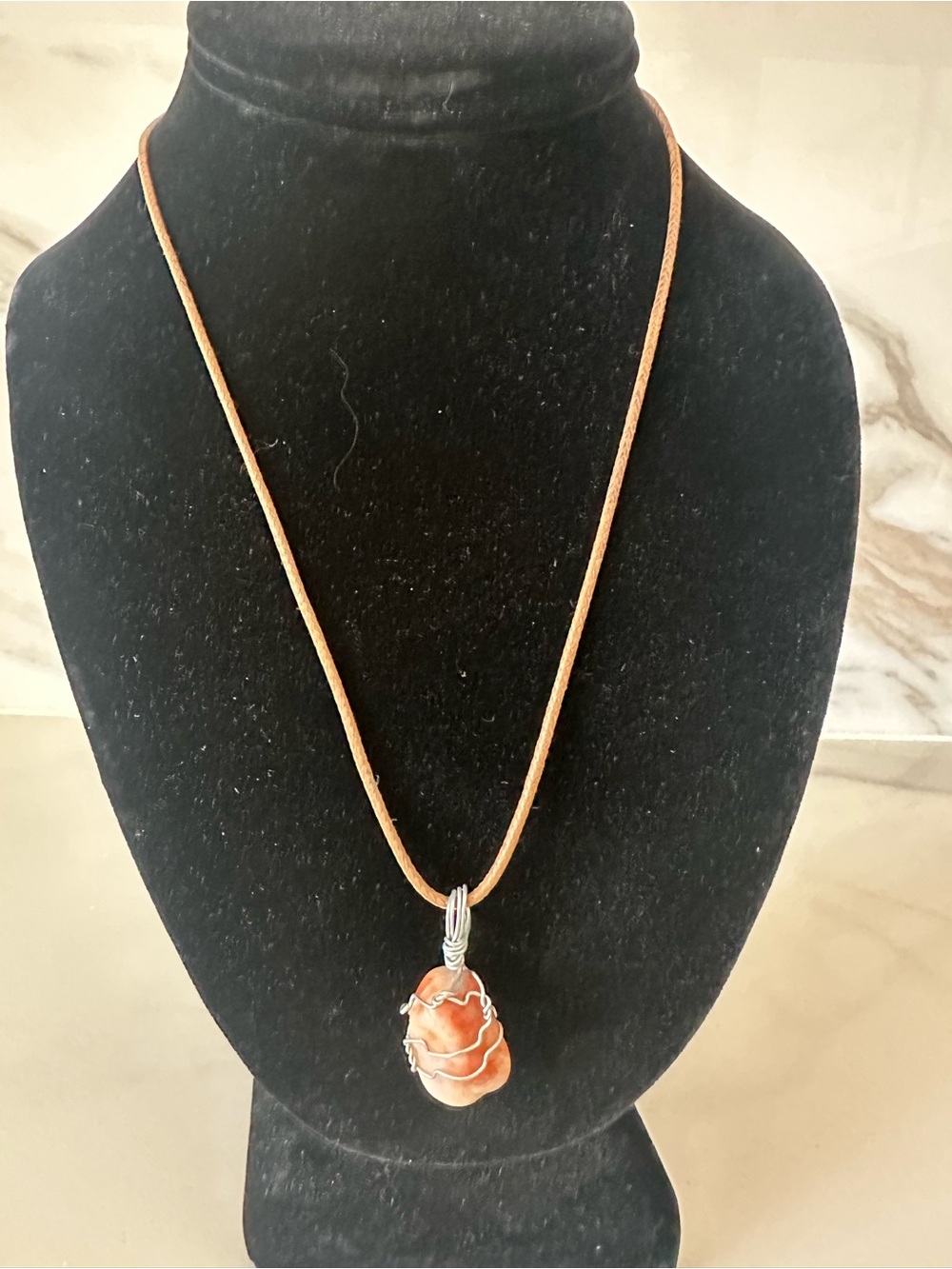 Handcrafted Orange Stone Pendant Necklace on Tan Cord